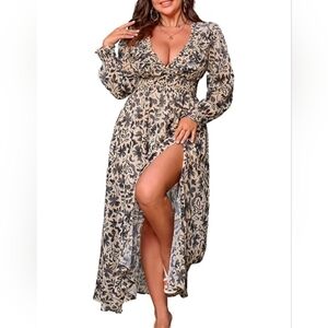 Chiffon Maxi Dress Empire Waist Leg Slit Floral Gold Embroider Size M